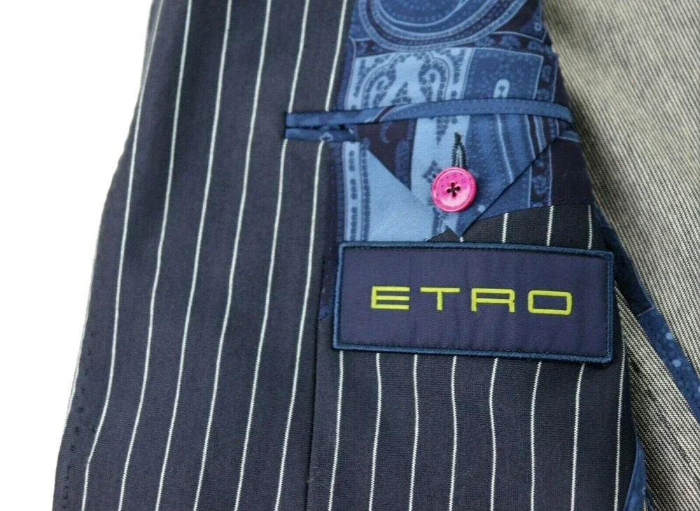ETRO Sport Coat 38 (48 Eu) Slim Fit Navy White Stripe Silk Cotton Blazer Italy